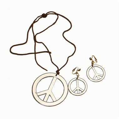 Peace ketting + oorbellen zilver (Ø=3,5 en 7 cm)