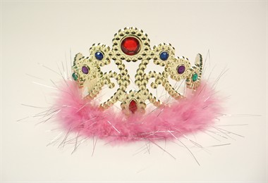 Kroon met gouden juwelen pink-maraboe (H=11 cm)