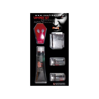 Vampir-set 3-tlg (Zähne,Blut,3-Monatslinsen schwarz) Halloween