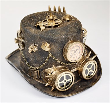 Hoge hoed steampunk goud + bril