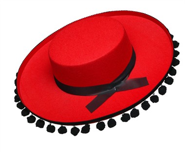 Hoed Spaanse pompons rood,  (H=9 cm)mt. 59